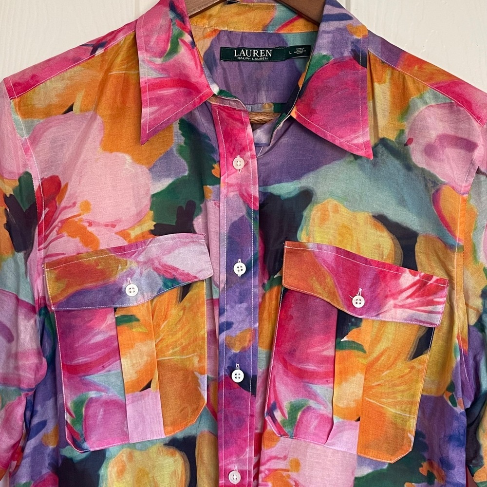 Lauren Ralph Lauren Cotton Silk Floral Watercolor Button Down Shirt Large